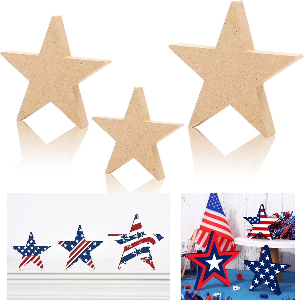 3 Sizes 4th of July Wooden Stars Cutouts Patriotic Wooden Stars Unfinished Blank Slice Ornament